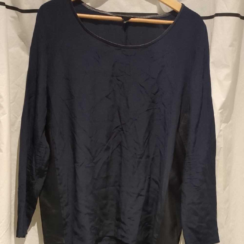 Club Monaco Navy Silk Long Sleeve Blouse With Black Leather Panels - Size Large